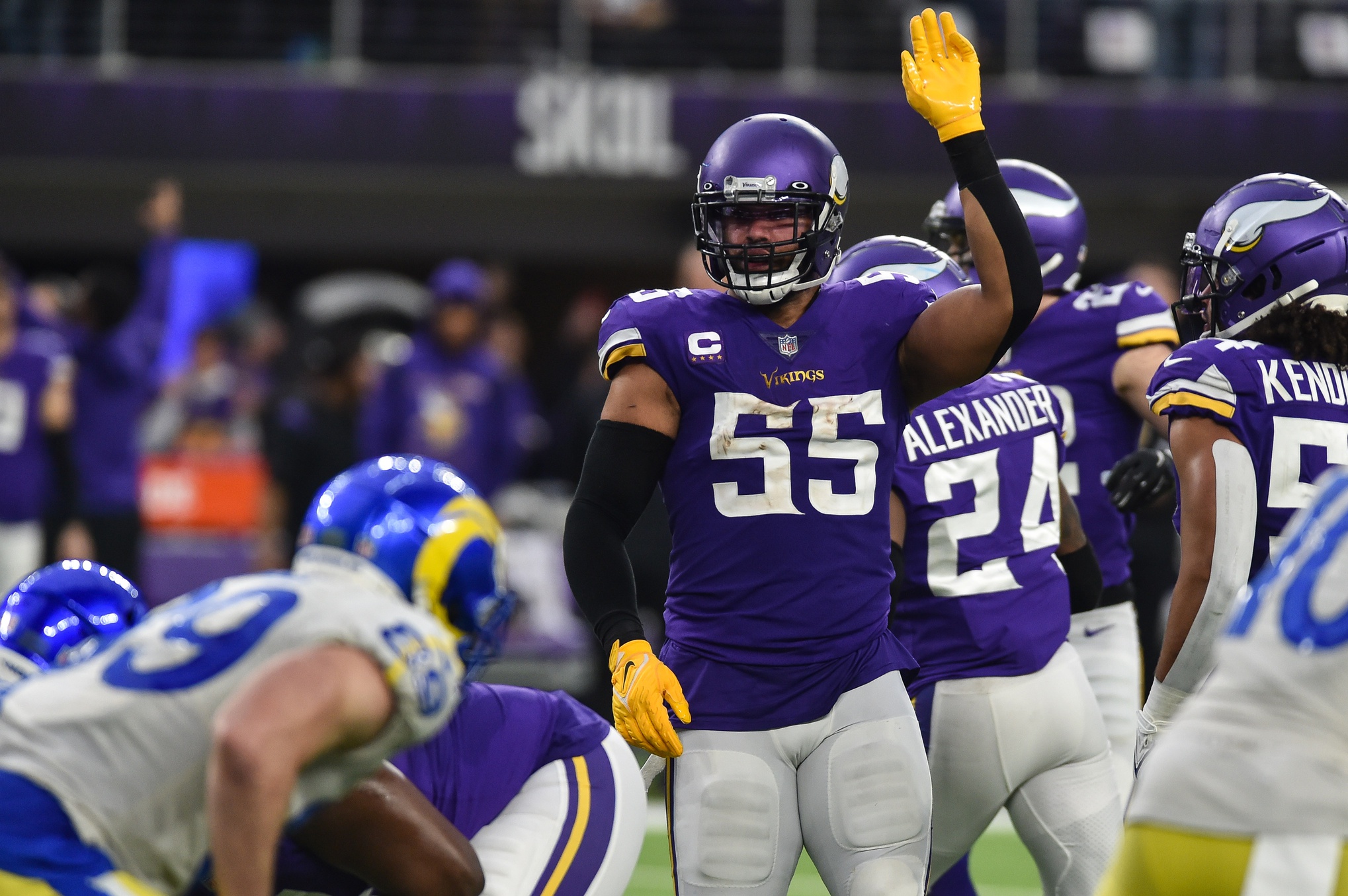 Dec 26, 2021; Minneapolis, Minnesota, USA; Minnesota Vikings outside linebacker Anthony Barr (55) directs the defense against the Los Angeles Rams during the third quarter at U.S. Bank Stadium. Mandatory Credit: Jeffrey Becker-USA TODAY Sports
