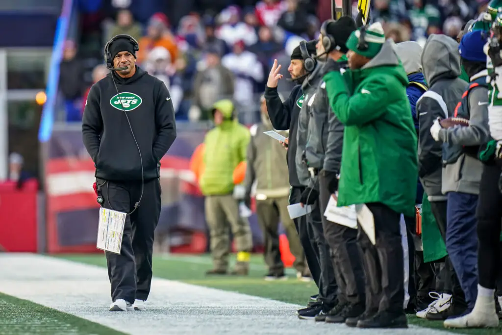 Nov 20, 2022; Foxborough, Massachusetts, USA; New York Jets head coach Robert Saleh watches from the sideline as the take on the New England Patriots at Gillette Stadium. Mandatory Credit: David Butler II-USA TODAY Sports