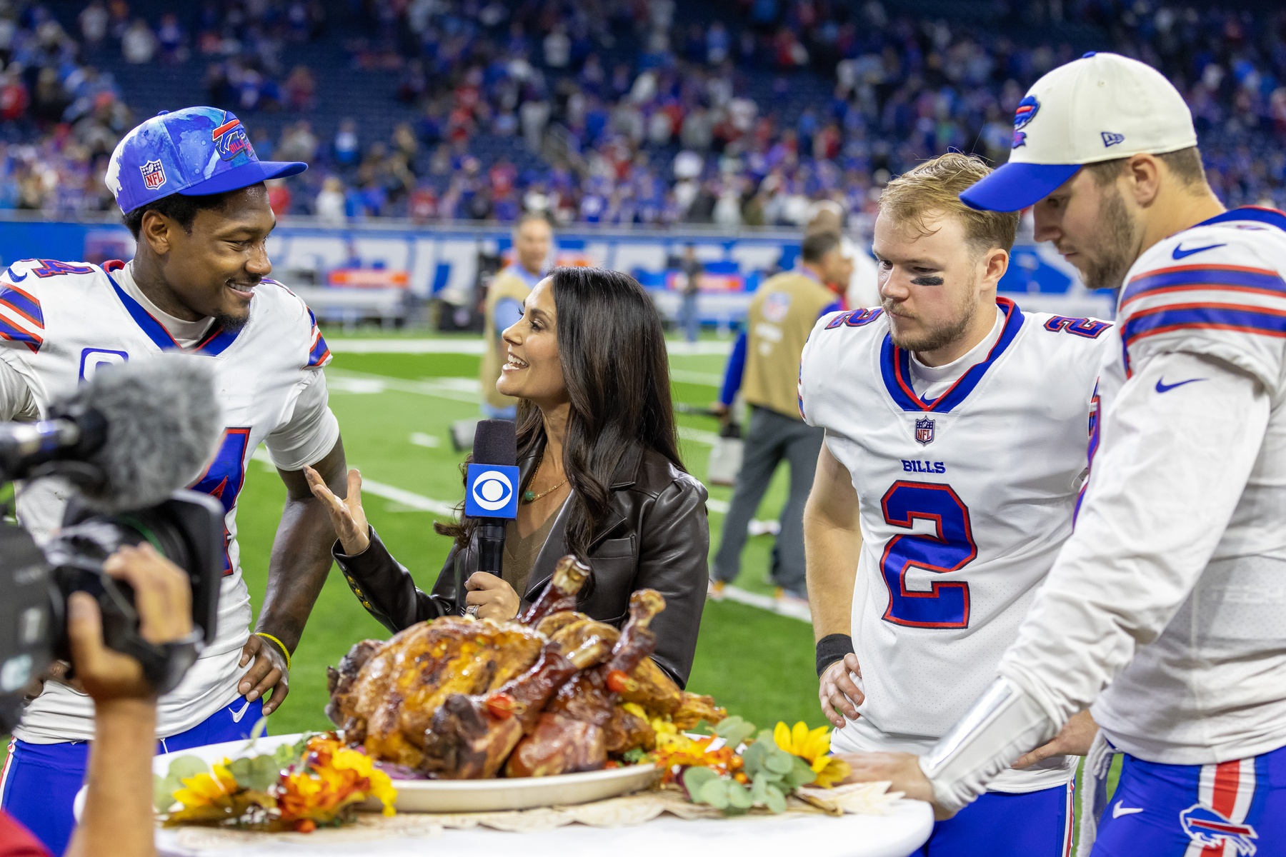 Nov 24, 2022; Detroit, Michigan, USA; Tracy Wolfson of CBS interviews Buffalo Bills wide receiver Stefon Diggs (14), place kicker Tyler Bass (2) and quarterback Josh Allen (17) after the victory against the Detroit Lions at Ford Field. Mandatory Credit: David Reginek-USA TODAY Sports