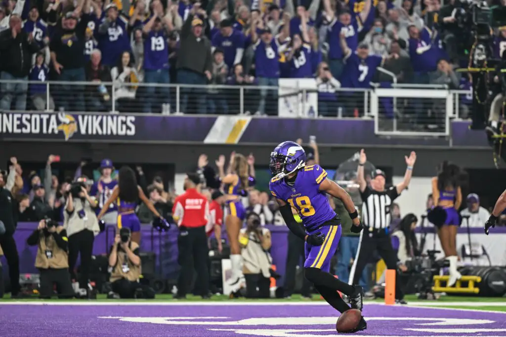 Nov 24, 2022; Minneapolis, Minnesota, USA; Minnesota Vikings wide receiver Justin Jefferson (18) in action during the game against the New England Patriots at U.S. Bank Stadium. Mandatory Credit: Jeffrey Becker-USA TODAY Sports