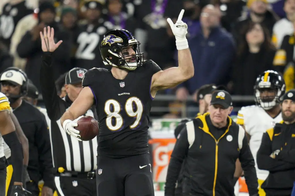Baltimore Ravens Jan 1, 2023; Baltimore, Maryland, USA; Baltimore Ravens tight end Mark Andrews (89) reacts after making a catch against the Pittsburgh Steelers during the first half at M&T Bank Stadium. Mandatory Credit: Jessica Rapfogel-USA TODAY Sports