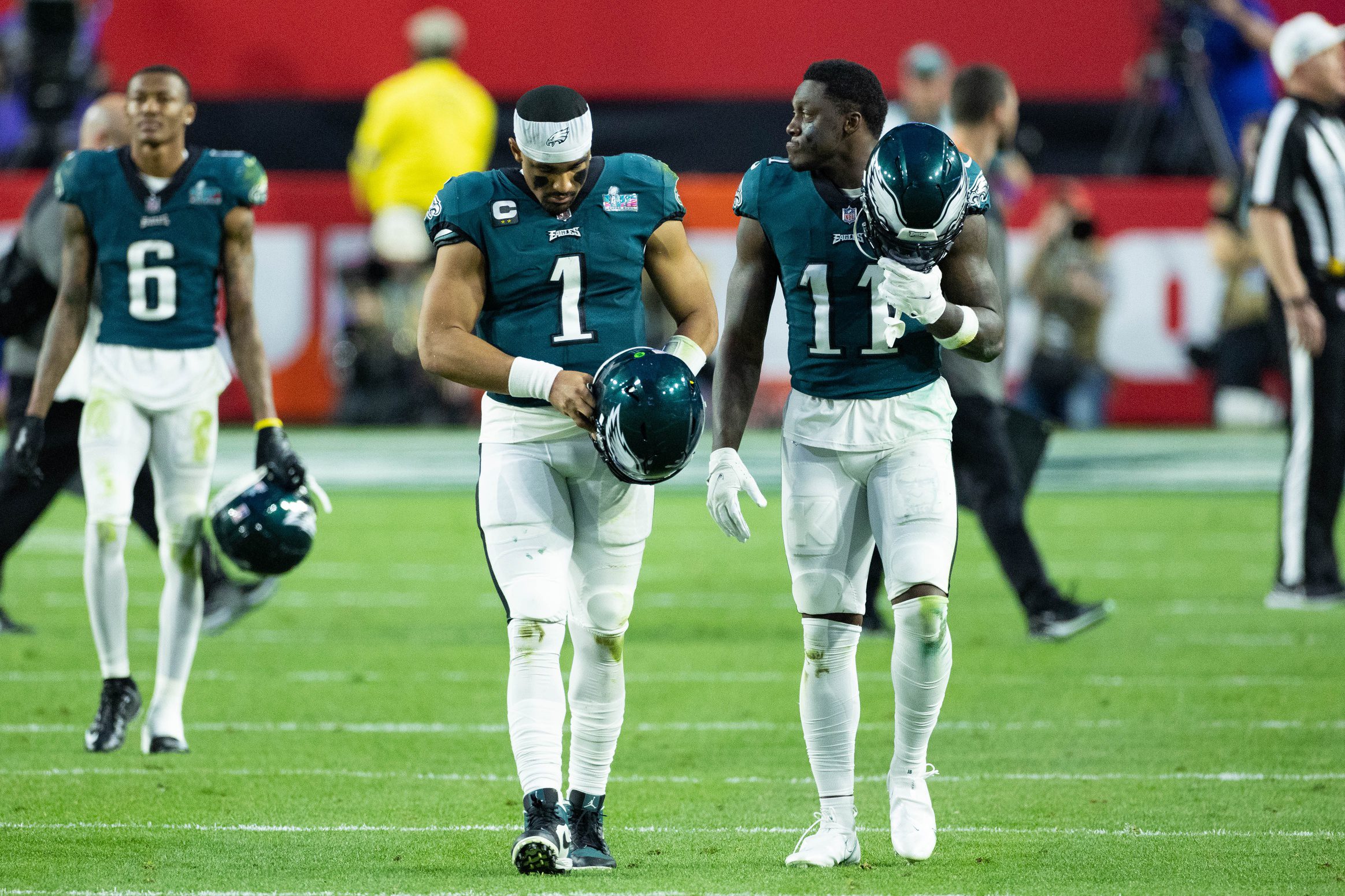 Feb 12, 2023; Glendale, Arizona, US; Philadelphia Eagles quarterback Jalen Hurts (1) and wide receiver A.J. Brown (11) walk to the locker room at halftime at Super Bowl LVII at State Farm Stadium. Mandatory Credit: Bill Streicher-USA TODAY Sports