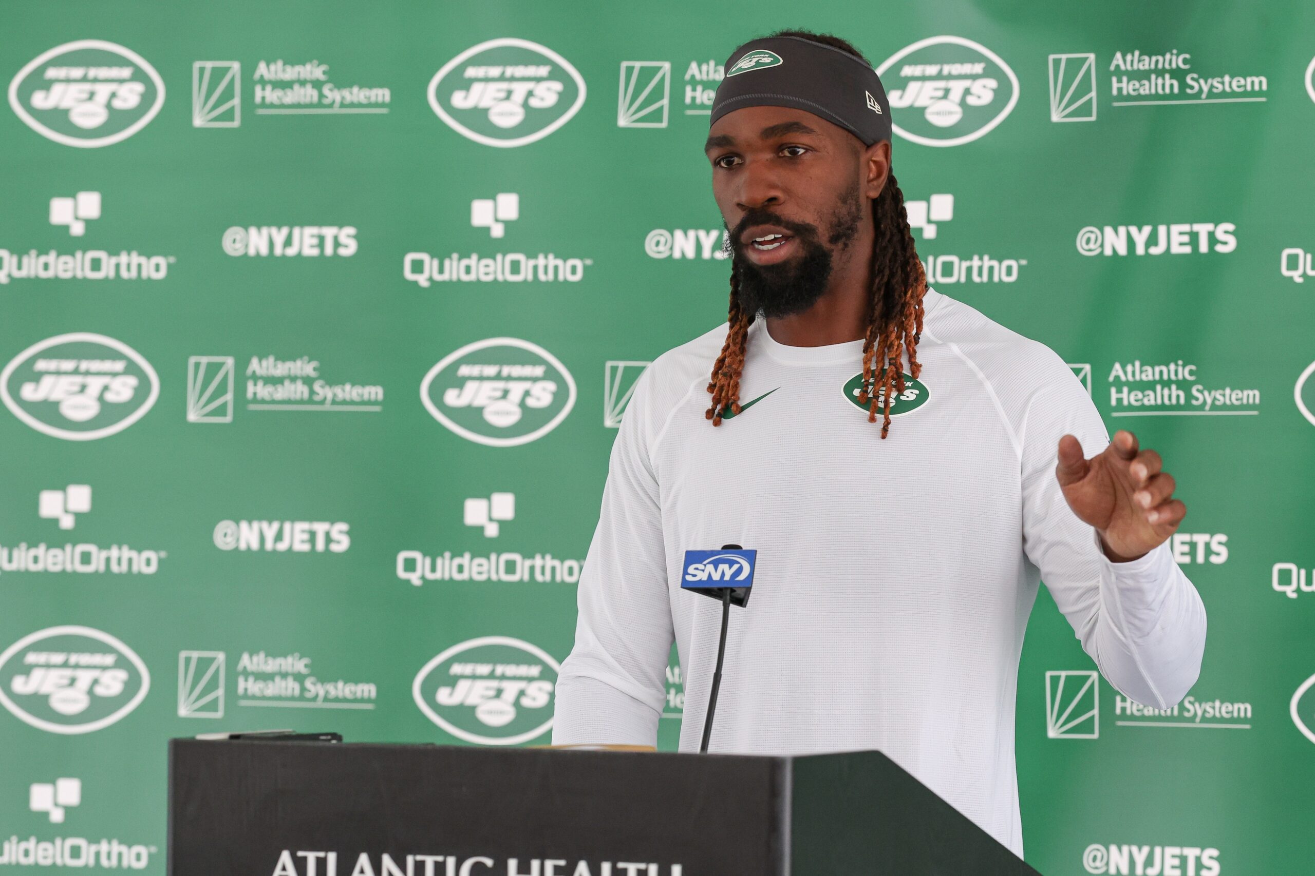 Jul 19, 2023; Florham Park, NJ, USA; New York Jets linebacker C.J. Mosley (57) talks with media during the New York Jets Training Camp at Atlantic Health Jets Training Center. Mandatory Credit: Vincent Carchietta-USA TODAY Sports