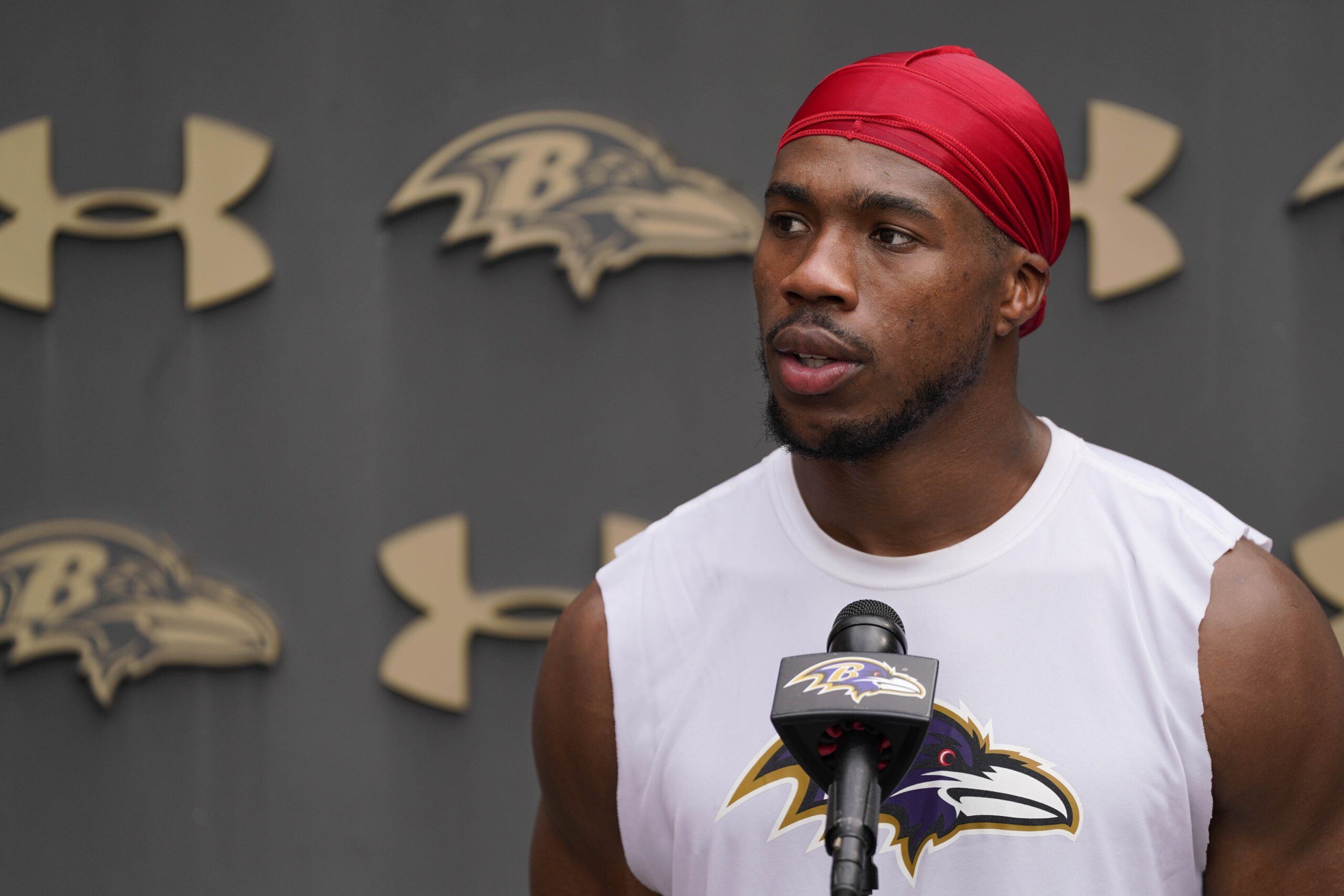Jul 27, 2023; Owings Mills, MD, USA; Baltimore Ravens safety Marcus Williams (32) speaks to the media after training camp practice at Under Armour Performance Center. Mandatory Credit: Brent Skeen-USA TODAY Sports