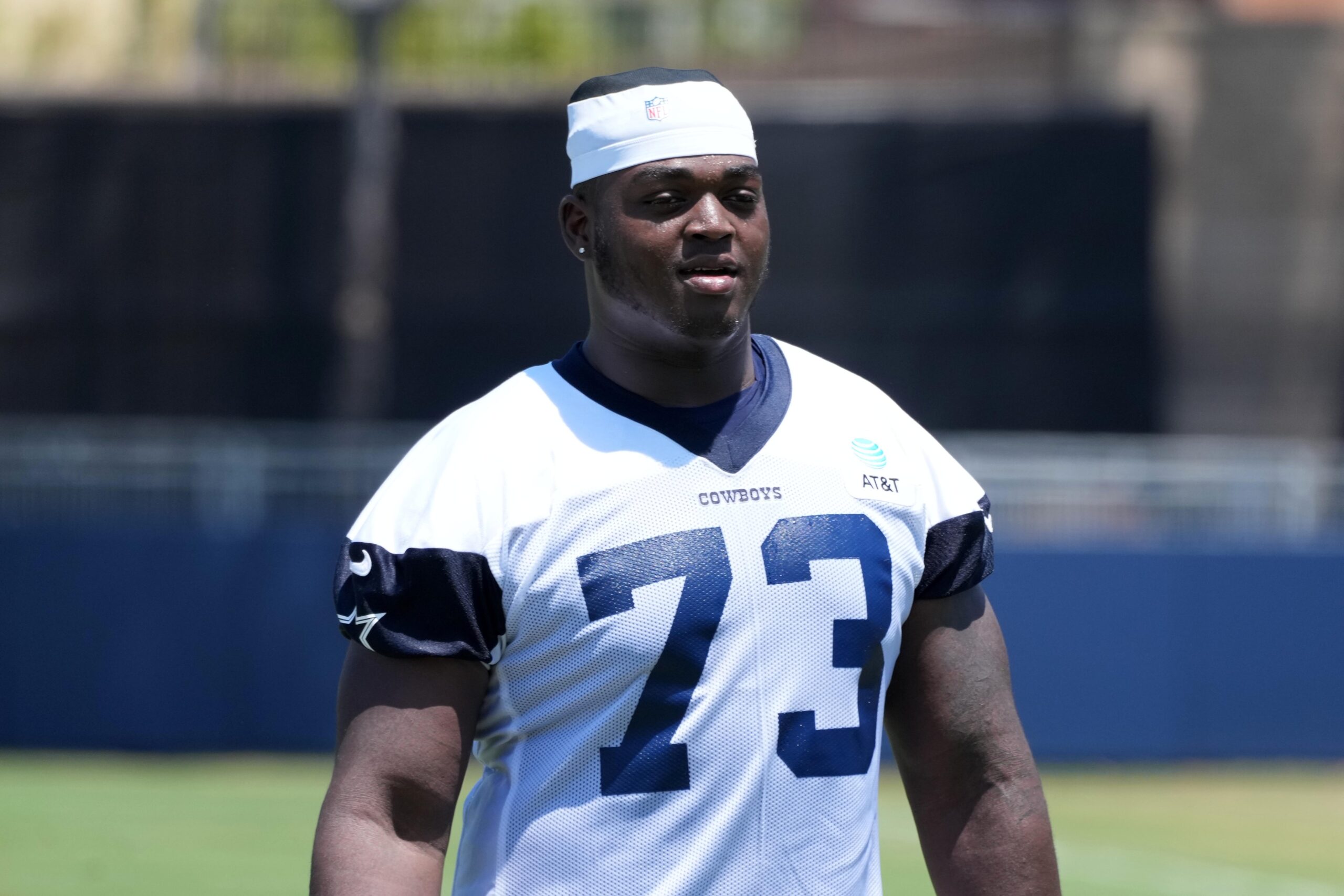 Jul 29, 2023; Oxnard, CA, USA; Dallas Cowboys offensive tackle Tyler Smith (73) during training camp at the River Ridge Fields. Mandatory Credit: Kirby Lee-USA TODAY Sports