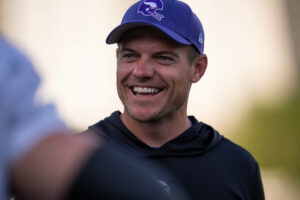 Aug 3, 2023; Eagan, MN, USA; Minnesota Vikings head coach Kevin O'Connell talks to players during training camp at TCO Stadium. Mandatory Credit: Brad Rempel-USA TODAY Sports