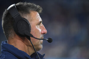 Tennessee Titans Aug 25, 2023; Nashville, Tennessee, USA; Tennessee Titans head coach Mike Vrabel looks on from the sideline during the second half against the New England Patriots at Nissan Stadium. Mandatory Credit: Christopher Hanewinckel-USA TODAY Sports