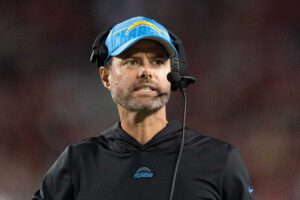 Turnover Aug 25, 2023; Santa Clara, California, USA; Los Angeles Chargers head coach Brandon Staley reacts during the fourth quarter against the San Francisco 49ers at Levi's Stadium. Mandatory Credit: Stan Szeto-USA TODAY Sports