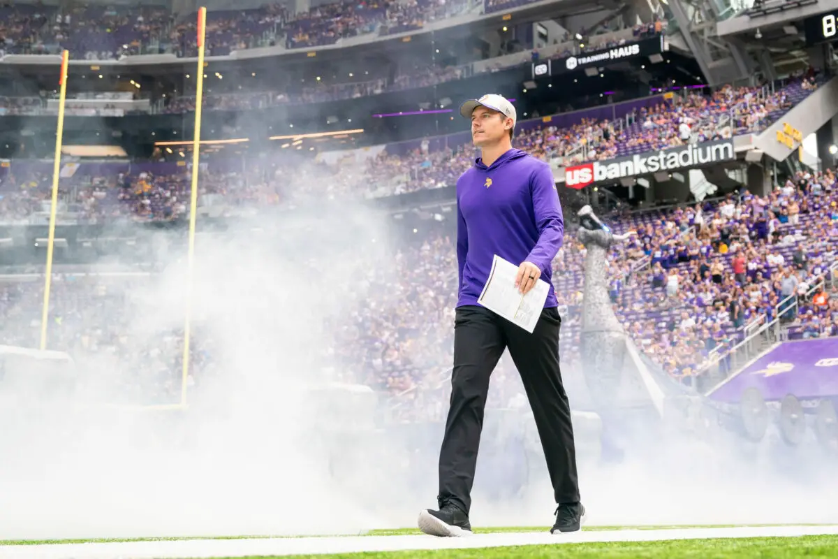 Aug 26, 2023; Minneapolis, Minnesota, USA; Minnesota Vikings head coach Kevin O'Connell takes the field before a game against the Arizona Cardinals at U.S. Bank Stadium. Mandatory Credit: Brad Rempel-USA TODAY Sports