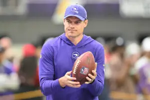 Sep 10, 2023; Minneapolis, Minnesota, USA; Minnesota Vikings head coach warms up with the players before the game against the Tampa Bay Buccaneers at U.S. Bank Stadium. Mandatory Credit: Jeffrey Becker-USA TODAY Sports (Minnesota Vikings, Philadelphia Eagles)