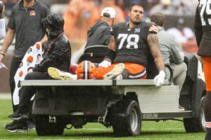 Sep 10, 2023; Cleveland, Ohio, USA; Cleveland Browns offensive tackle Jack Conklin (78) rides the medical cart back to the locker room following an injury during the first half at Cleveland Browns Stadium. Mandatory Credit: Scott Galvin-USA TODAY Sports