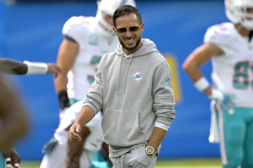 Sep 10, 2023; Inglewood, California, USA; Miami Dolphins head coach Mike McDaniel walks on the field prior to the game against the Los Angeles Chargers at SoFi Stadium. Mandatory Credit: Jayne Kamin-Oncea-USA TODAY Sports