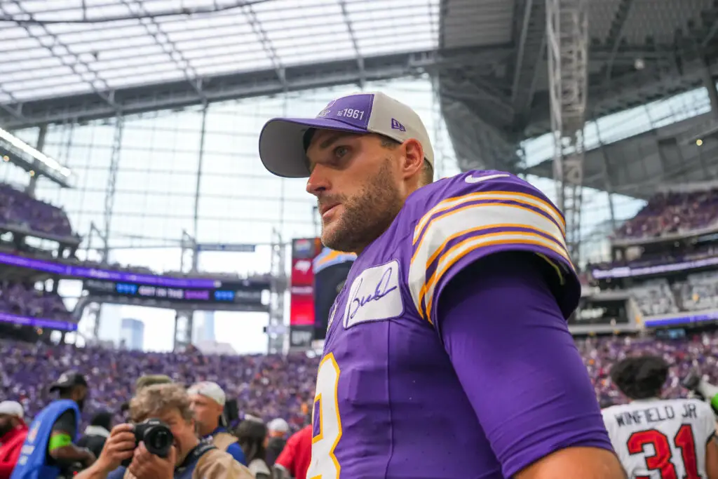 Sep 10, 2023; Minneapolis, Minnesota, USA; Minnesota Vikings quarterback Kirk Cousins (8) leaves the field after the game against the Tampa Bay Buccaneers at U.S. Bank Stadium. Mandatory Credit: Brad Rempel-USA TODAY Sports