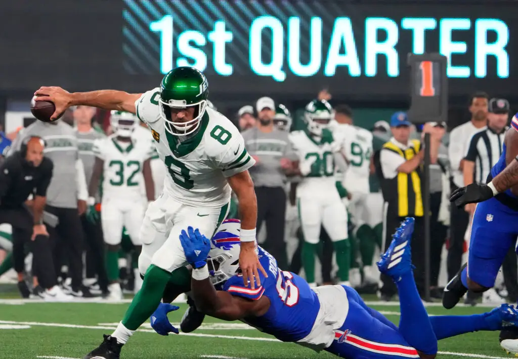 Sep 11, 2023; East Rutherford, New Jersey, USA; Buffalo Bills defensive end Greg Rousseau (50) pressures New York Jets quarterback Aaron Rodgers (8) during the first quarter at MetLife Stadium. Mandatory Credit: Robert Deutsch-USA TODAY Sports (Green Bay Packers)