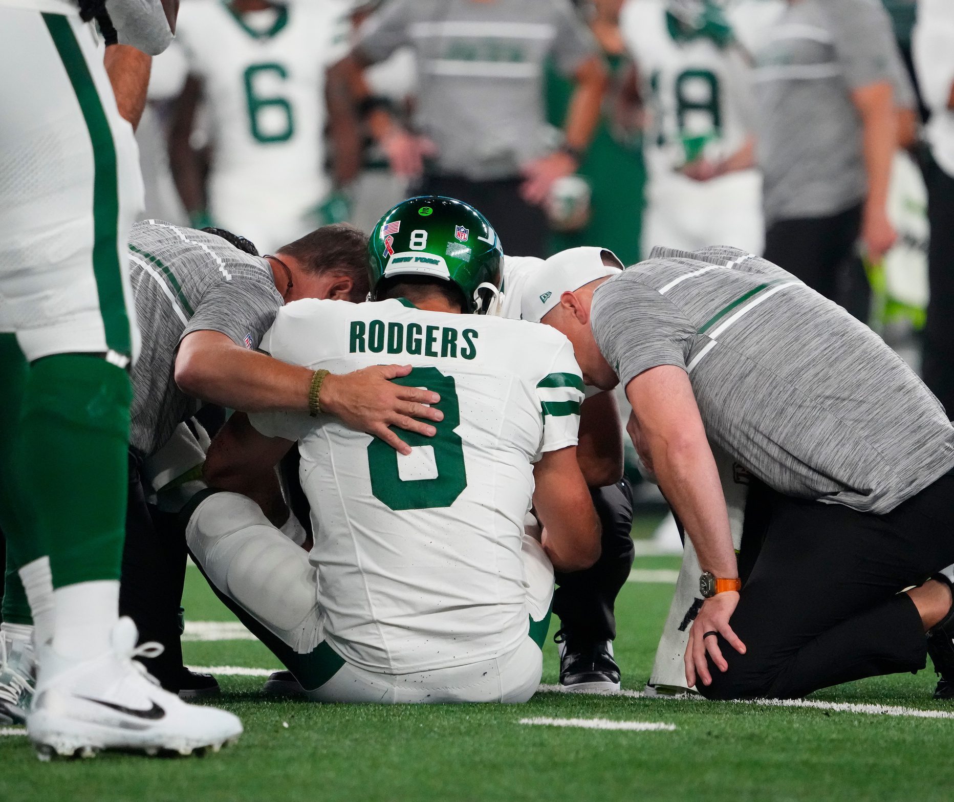 Sep 11, 2023; East Rutherford, New Jersey, USA; New York Jets quarterback Aaron Rodgers (8) is injured after a sack by Buffalo Bills defensive end Leonard Floyd (not pictured) during the first quarter at MetLife Stadium. Mandatory Credit: Robert Deutsch-USA TODAY Sports