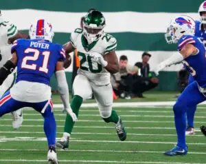 Sep 11, 2023; East Rutherford, New Jersey, USA; New York Jets running back Breece Hall (20) runs the ball in the second half against the Buffalo Bills at MetLife Stadium. Mandatory Credit: Robert Deutsch-USA TODAY Sports