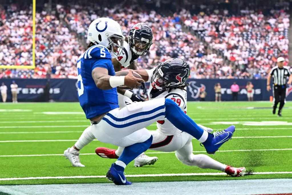 Sep 17, 2023; Houston, Texas, USA; Indianapolis Colts quarterback Anthony Richardson (5) runs the ball in for a touchdown during the first quarter against the Houston Texans at NRG Stadium. Mandatory Credit: Maria Lysaker-USA TODAY Sports