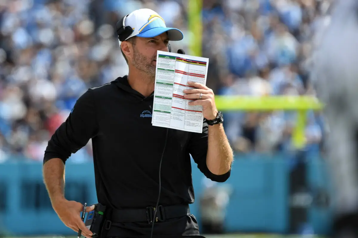 Sep 17, 2023; Nashville, Tennessee, USA; Los Angeles Chargers head coach Brandon Staley calls in plays from the sideline during the second half against the Tennessee Titans at Nissan Stadium. Mandatory Credit: Christopher Hanewinckel-USA TODAY Sports Rex Ryan