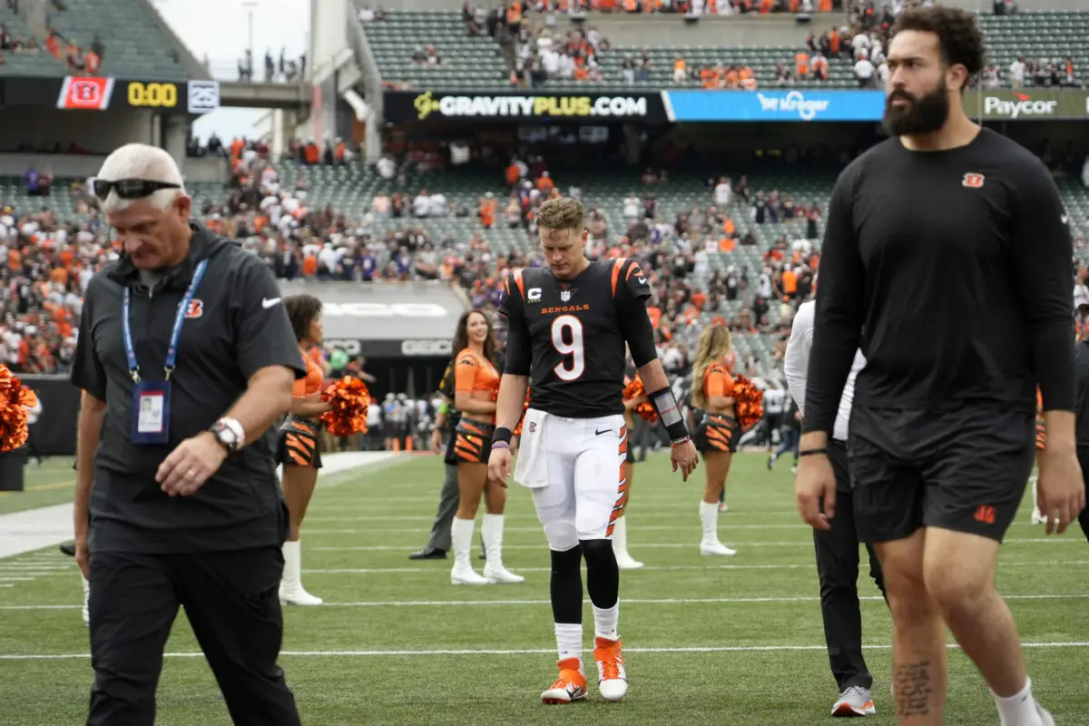 Sep 17, 2023; Cincinnati, Ohio, USA; Cincinnati Bengals quarterback Joe Burrow (9) walks off the field at the conclusion of the game against the Baltimore Ravens at Paycor Stadium. Mandatory Credit: Sam Greene-USA TODAY Sports