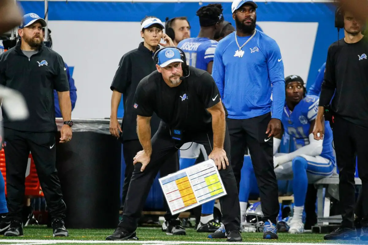 Detroit Lions head coach Dan Campbell watches a play against Seattle Seahawks during the second half at Ford Field in Detroit on Sunday, Sept. 17, 2023. © Junfu Han / USA TODAY NETWORK