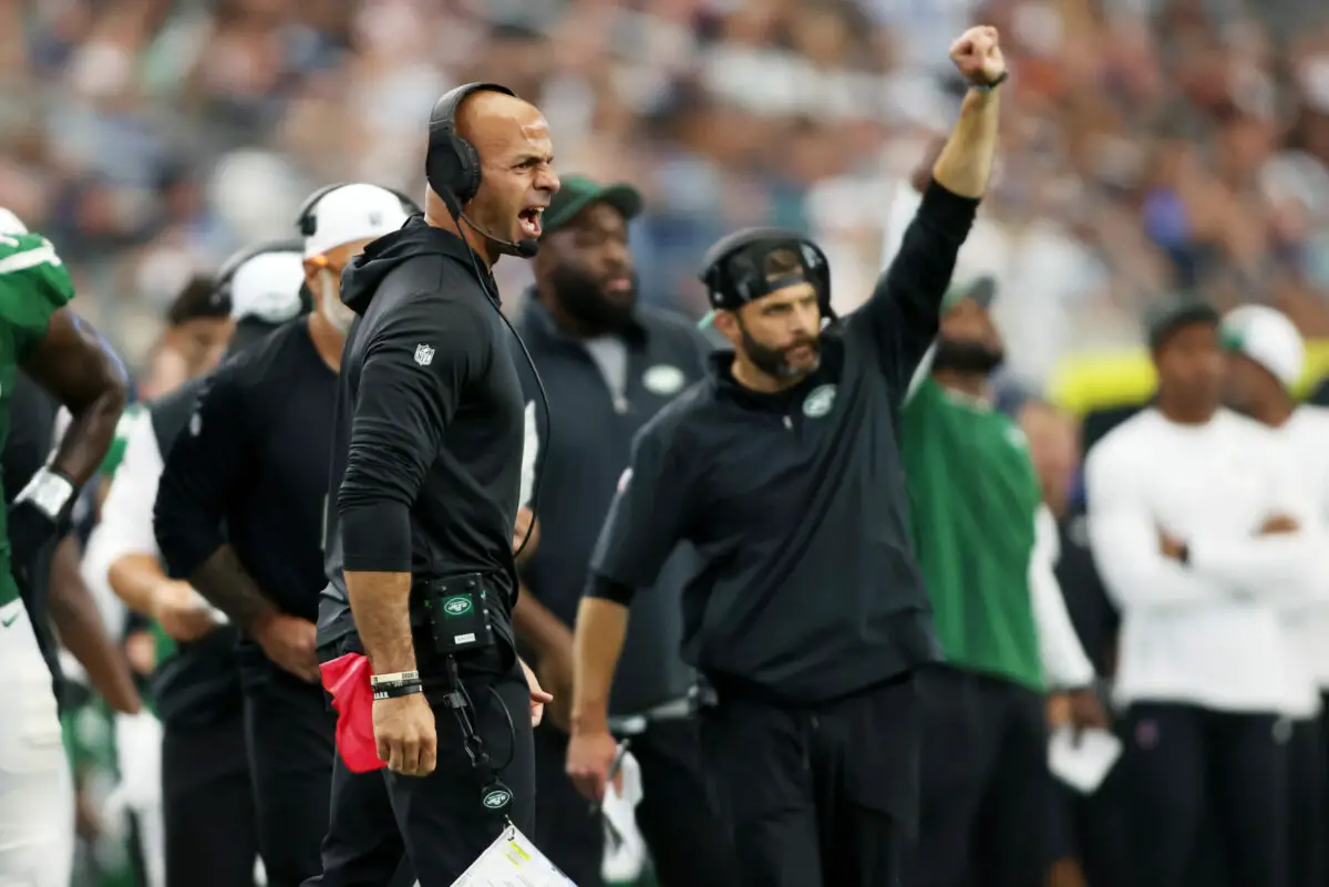 Sep 17, 2023; Arlington, Texas, USA; New York Jets head coach Robert Saleh reacts to a penalty in the second quarter against the Dallas Cowboys at AT&T Stadium. Mandatory Credit: Tim Heitman-USA TODAY Sports