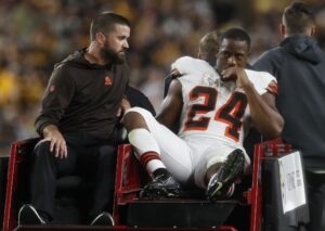 Sep 18, 2023; Pittsburgh, Pennsylvania, USA; Cleveland Browns running back Nick Chubb (24) is taken from the field on a cart after suffering an apparent injury against the Pittsburgh Steelers during the second quarter at Acrisure Stadium. Mandatory Credit: Charles LeClaire-USA TODAY Sports