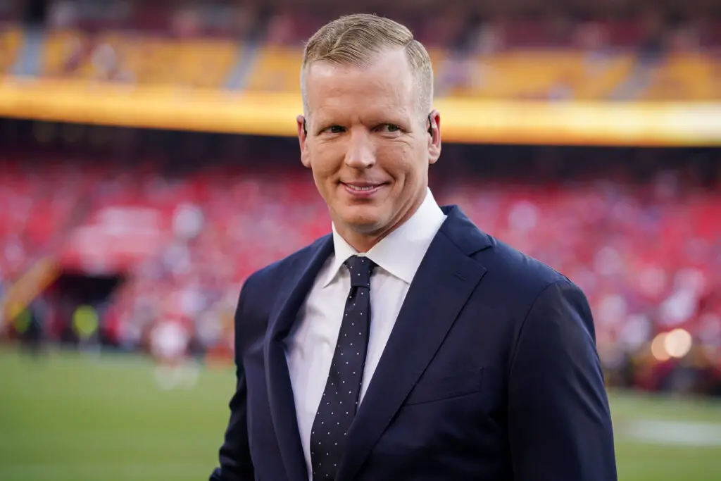 Sep 7, 2023; NFL Kansas City, Missouri, USA; NBC Sports analyst Chris Simms on field prior to a game between the Kansas City Chiefs and Detroit Lions at GEHA Field at Arrowhead Stadium. Mandatory Credit: Denny Medley-USA TODAY Sports