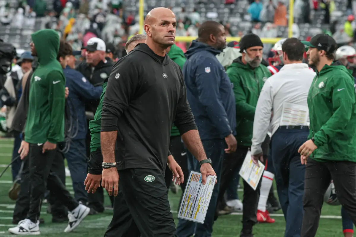 Sep 24, 2023; East Rutherford, New Jersey, USA; New York Jets head coach Robert Saleh walks off the field after the game against the New England Patriots at MetLife Stadium. Mandatory Credit: Vincent Carchietta-USA TODAY Sports