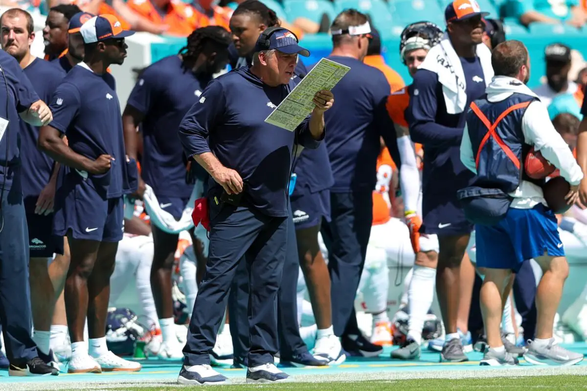 Sep 24, 2023; Miami Gardens, Florida, USA; Denver Broncos head coach Sean Payton calls a play against the Miami Dolphins in the second quarter at Hard Rock Stadium. Mandatory Credit: Nathan Ray Seebeck-USA TODAY Sports