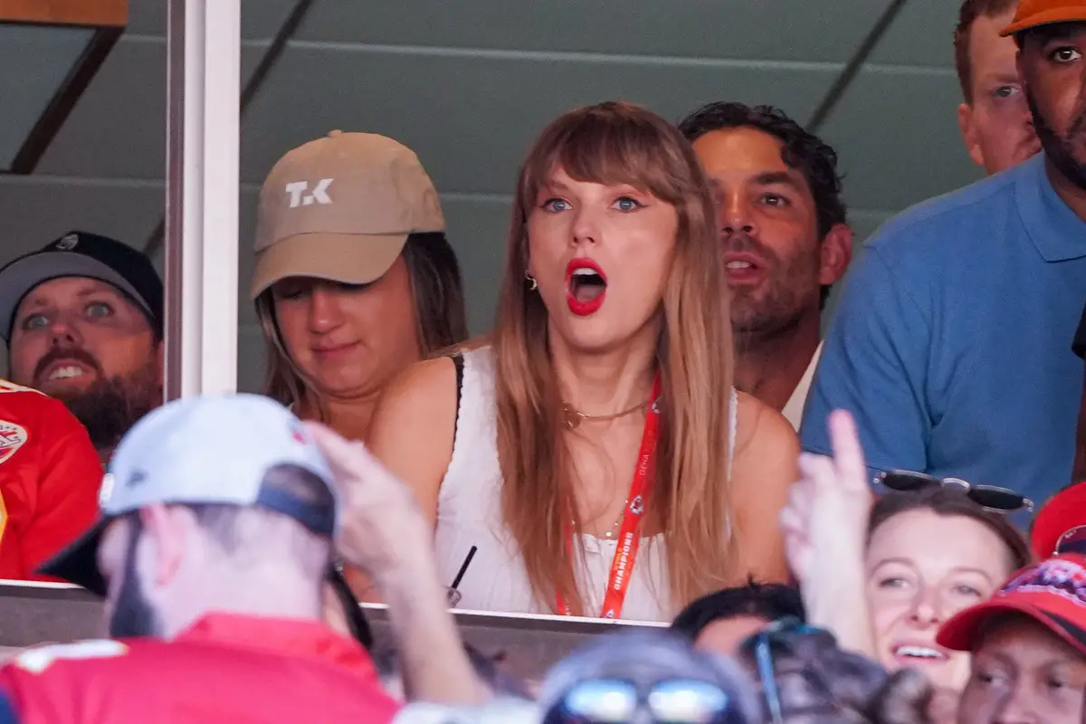 Sep 24, 2023; Kansas City, Missouri, USA; Taylor Swift reacts while watching the Kansas City Chiefs vs Chicago Bears game during the first half at GEHA Field at Arrowhead Stadium. Mandatory Credit: Denny Medley-USA TODAY Sports