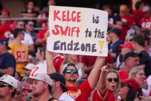 Travis Kelce Sep 24, 2023; Kansas City, Missouri, USA; Kansas City Chiefs and Taylor Swift fans show their support against the Chicago Bears during the first half at GEHA Field at Arrowhead Stadium. Mandatory Credit: Denny Medley-USA TODAY Sports