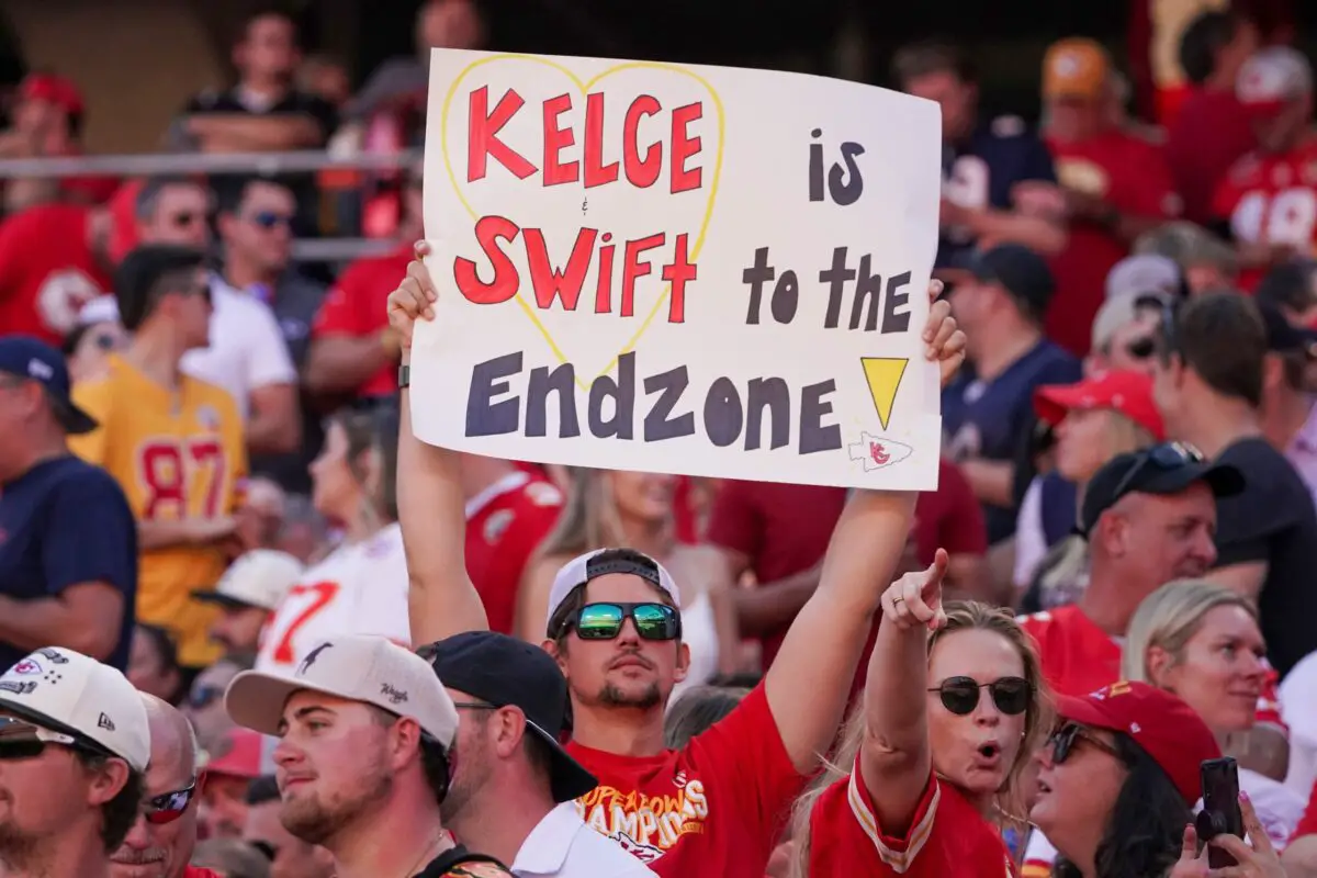 Kansas City Chiefs: Travis Kelce Sep 24, 2023; Kansas City, Missouri, USA; Kansas City Chiefs and Taylor Swift fans show their support against the Chicago Bears during the first half at GEHA Field at Arrowhead Stadium. Mandatory Credit: Denny Medley-USA TODAY Sports