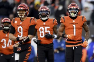 Joe Burrow, Tee Higgins, and Jamarr Chase of the Cincinnati Bengals. Photo provided by the Emilee Chinn/Associated Press (Houston Texans)