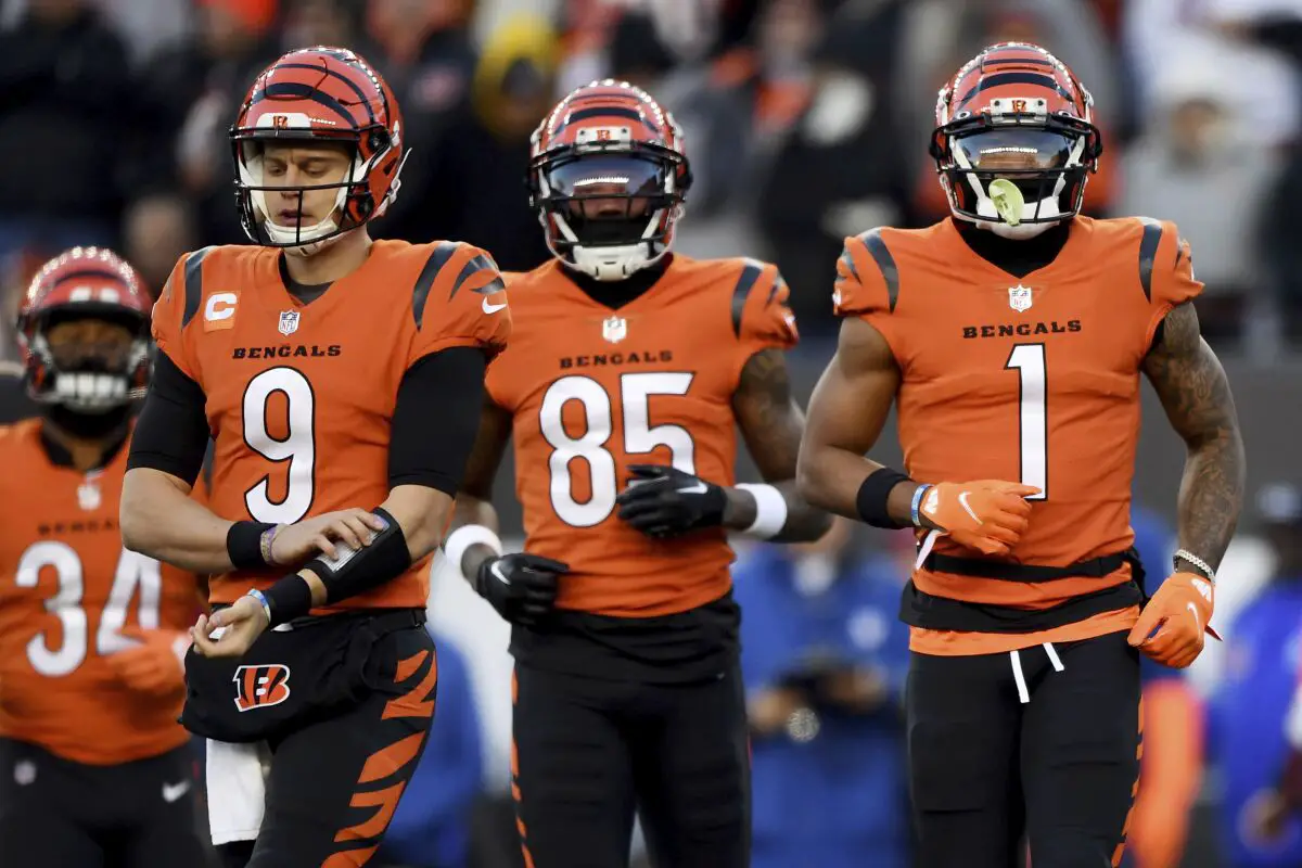 Joe Burrow, Tee Higgins, and Jamarr Chase of the Cincinnati Bengals. Photo provided by the Emilee Chinn/Associated Press
