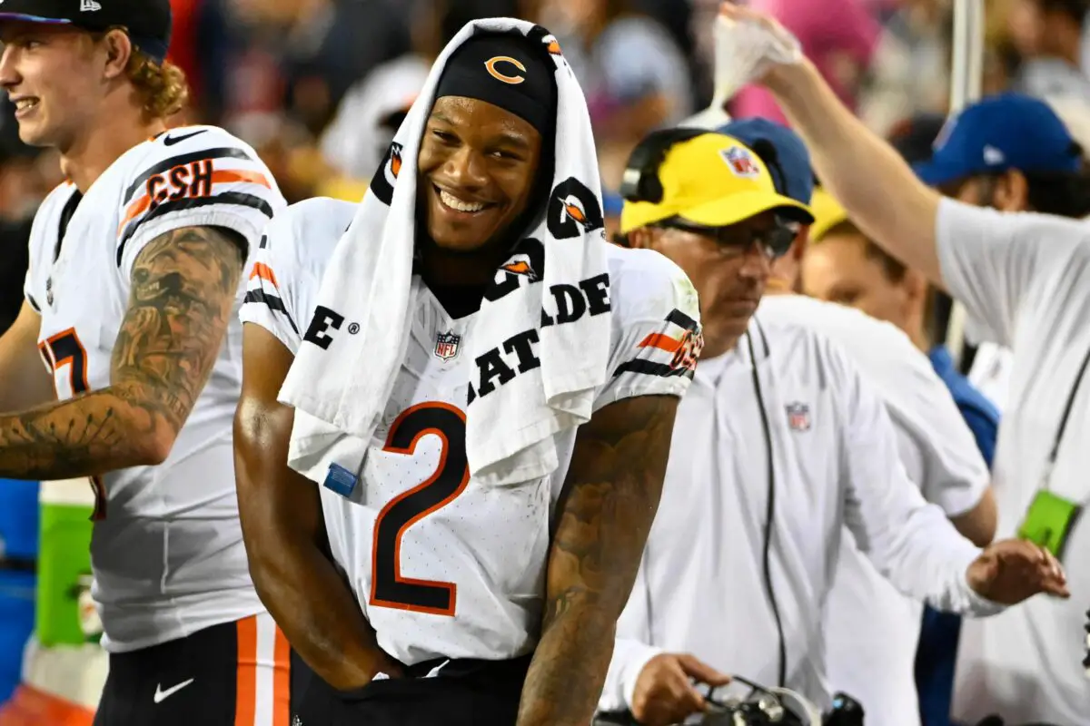 Oct 5, 2023; Landover, Maryland, USA; Chicago Bears wide receiver DJ Moore (2) reacts against the Washington Commanders during the second half at FedExField. Mandatory Credit: Brad Mills-USA TODAY Sports