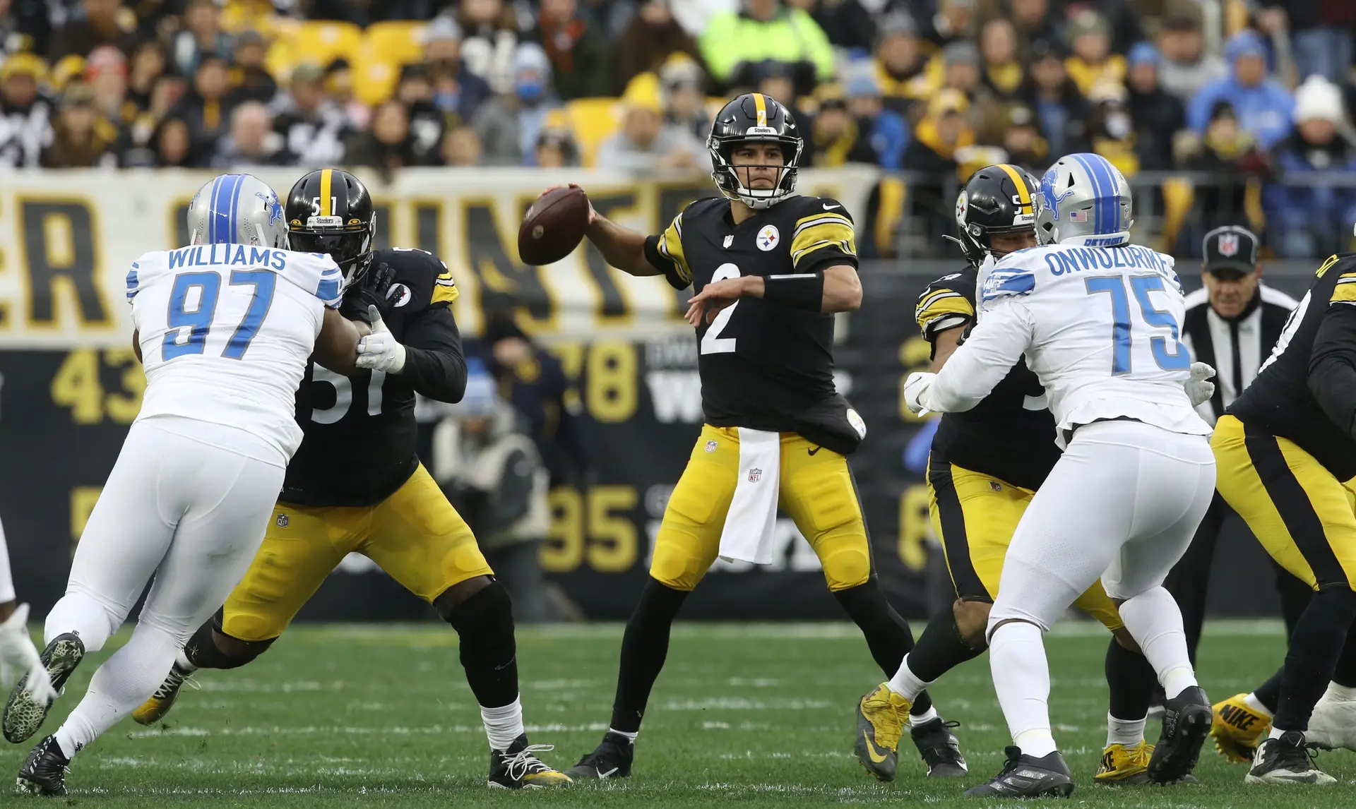 Nov 14, 2021; Pittsburgh, Pennsylvania, USA;  Pittsburgh Steelers quarterback Mason Rudolph (2) passes against the Detroit Lions during the first quarter at Heinz Field. Mandatory Credit: Charles LeClaire-USA TODAY Sports