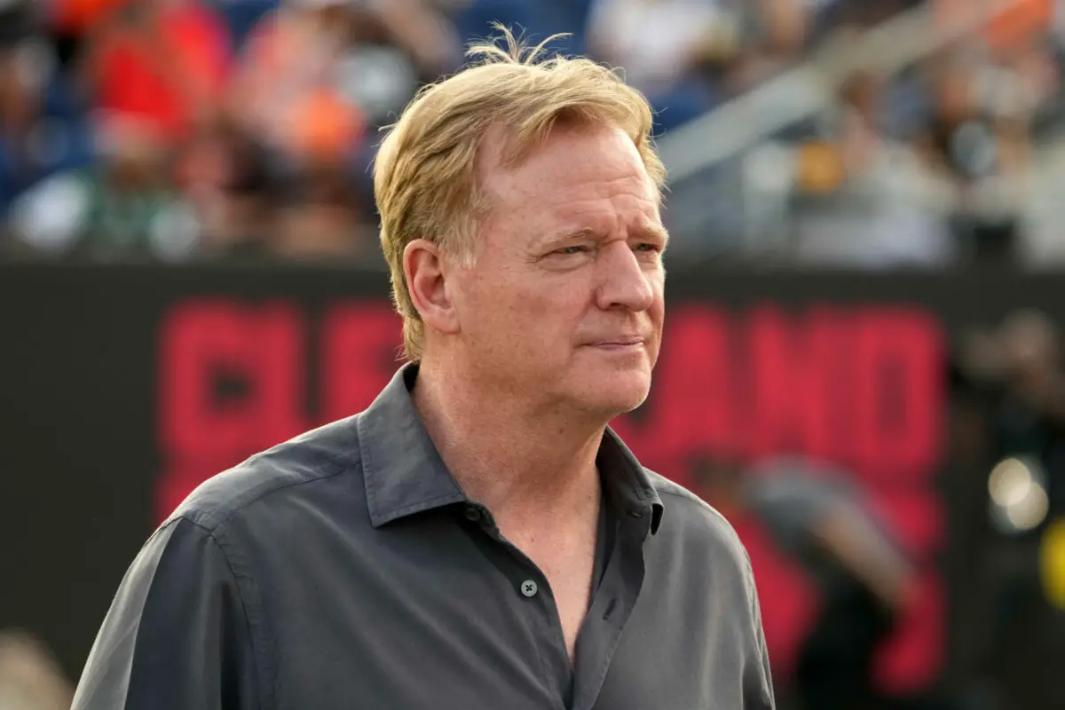 Aug 3, 2023; Canton, Ohio, USA; NFL commissioner Roger Goodell attends the game between the Cleveland Browns and the New York Jets at Tom Benson Hall of Fame Stadium. Mandatory Credit: Kirby Lee-USA TODAY Sports