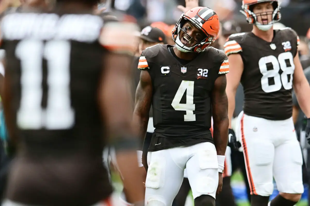 Sep 24, 2023; Cleveland, Ohio, USA; Cleveland Browns quarterback Deshaun Watson (4) celebrates after throwing a touchdown pass to wide receiver Amari Cooper (not pictured) during the second half against the Tennessee Titans at Cleveland Browns Stadium. Mandatory Credit: Ken Blaze-USA TODAY Sports