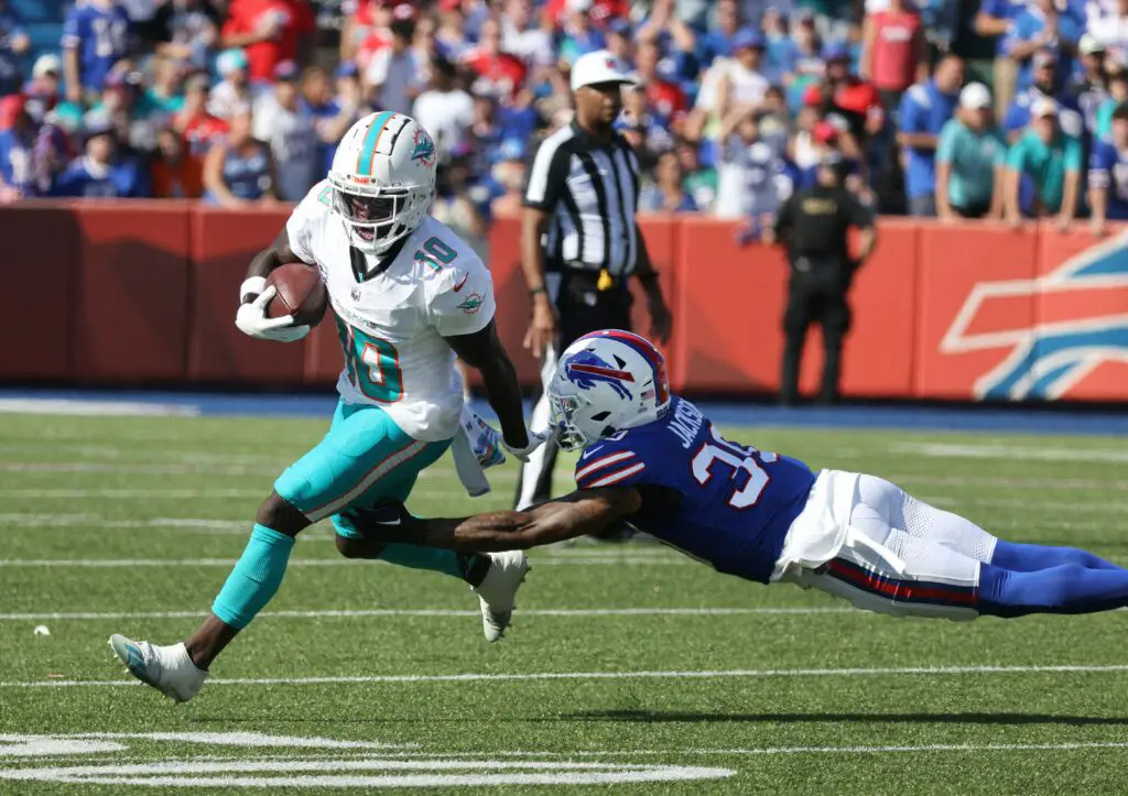 Philadelphia Eagles linebacker Patrick Johnson (48) tackles Miami Dolphins  quarterback Tua Tagovailoa (1) during the first