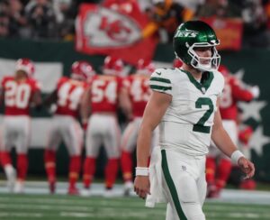 East Rutherford, NJ Ñ October 1, 2023 ÑJets quarterback Zach Wilson after fumbling a snap and losing the ball to the Chiefs defense in the second half. The New York Jets host the Kansas City Chiefs at MetLife Stadium in East Rutherford, NJ on October 1, 2023.
