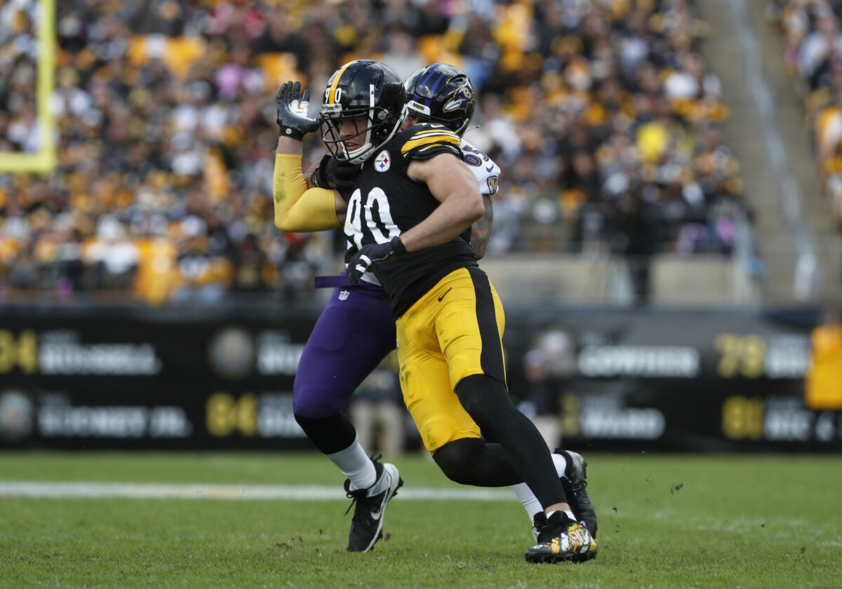 Oct 8, 2023; Pittsburgh, Pennsylvania, USA; Pittsburgh Steelers linebacker T.J. Watt (90) pass rushes at the line of scrimmage past Baltimore Ravens guard Patrick Mekari (rear) during the second quarter at Acrisure Stadium. Pittsburgh won 17-10. Mandatory Credit: Charles LeClaire-USA TODAY Sports