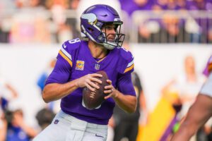 Minnesota Vikings Kirk Cousins Oct 8, 2023; Minneapolis, Minnesota, USA; Minnesota Vikings quarterback Kirk Cousins (8) drops back to pass against the Kansas City Chiefs in the first quarter at U.S. Bank Stadium. Mandatory Credit: Brad Rempel-USA TODAY Sports