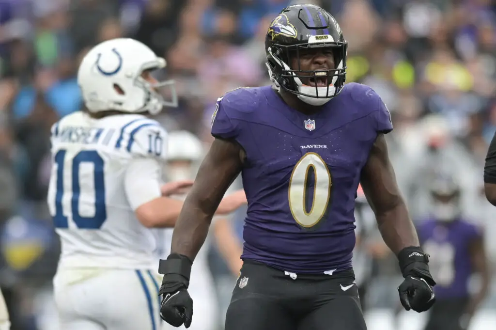 Sep 24, 2023; Baltimore, Maryland, USA; Baltimore Ravens linebacker Roquan Smith (0) reacts after a play during the second half against the Indianapolis Colts at M&T Bank Stadium. Mandatory Credit: Tommy Gilligan-USA TODAY Sports (Joe Burrow)