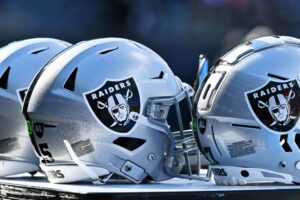 Oct 22, 2023; Chicago, Illinois, USA; A detail view of Las Vegas Raiders helmets before a game against the Chicago Bears at Soldier Field. Mandatory Credit: Jamie Sabau-USA TODAY Sports