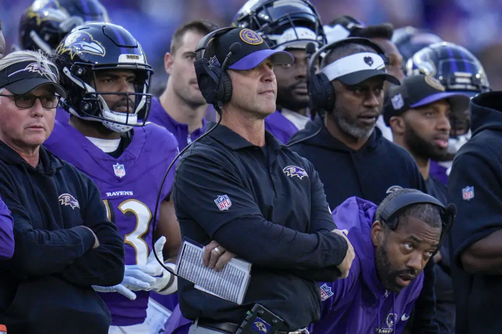 Nov 5, 2023; Baltimore, Maryland, USA; Baltimore Ravens head coach John Harbaugh looks on from the sidelines during the fourth quarter against the Seattle Seahawks at M&T Bank Stadium. Mandatory Credit: Jessica Rapfogel-USA TODAY Sports