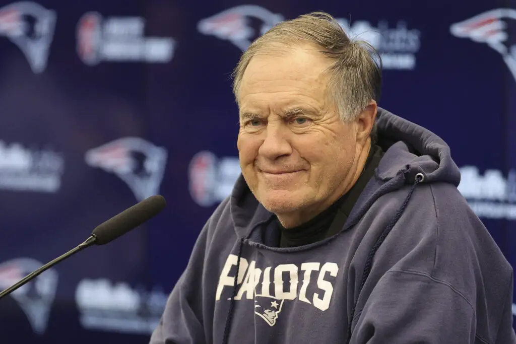 Nov 10, 2023; Frankfurt, Germany; New England Patriots head coach Bill Belichick speaks to the media before an NFL International Series practice at the Deutcher Fussball-Bund facility. Mandatory Credit: Nathan Ray Seebeck-USA TODAY Sports (Tom Brady)