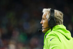 Nov 23, 2023; Seattle, Washington, USA; Seattle Seahawks head coach Pete Carroll stands on the sideline during the fourth quarter against the San Francisco 49ers at Lumen Field. Mandatory Credit: Joe Nicholson-USA TODAY Sports