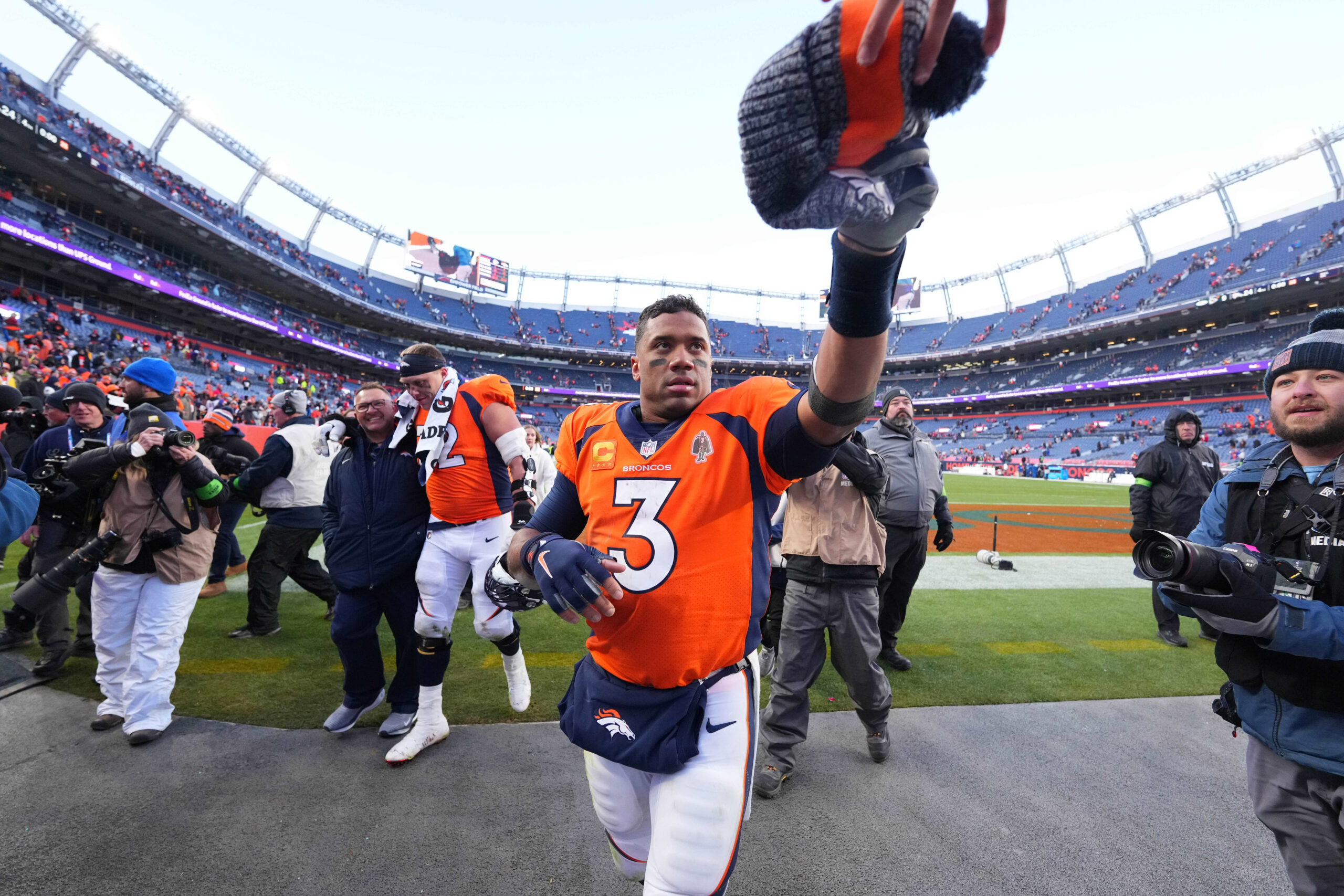Oct 29, 2023; Denver, Colorado, USA; Denver Broncos quarterback Russell Wilson (3) following the win over the Kansas City Chiefs at Empower Field at Mile High. Mandatory Credit: Ron Chenoy-USA TODAY Sports (Las Vegas Raiders)