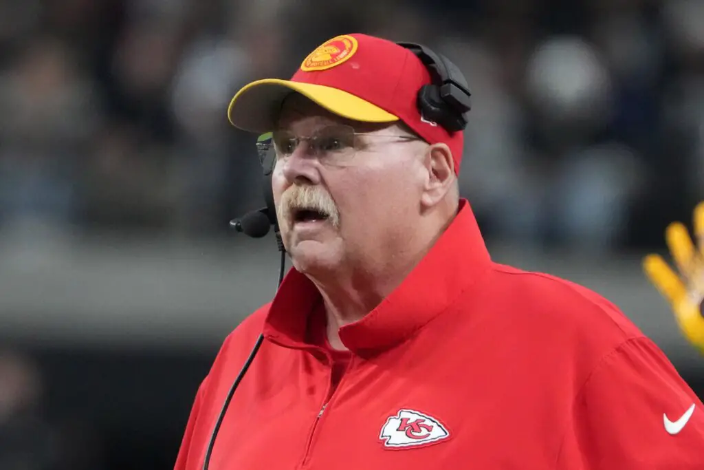 Nov 26, 2023; Paradise, Nevada, USA; Kansas City Chiefs coach Andy Reid watches from the sidelines against the Las Vegas Raiders in the second half at Allegiant Stadium. Mandatory Credit: Kirby Lee-USA TODAY Sports