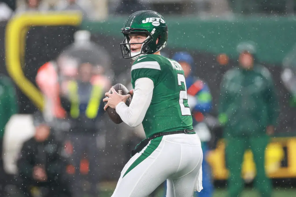 Dec 10, 2023; East Rutherford, New Jersey, USA; New York Jets quarterback Zach Wilson (2) drops back to pass during the first half against the Houston Texans at MetLife Stadium. Mandatory Credit: Vincent Carchietta-USA TODAY Sports (Kansas City Chiefs)